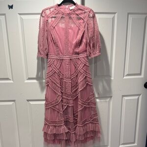 Mac Duggal Dusty Rose Midi Dress with Ruffle Detailing